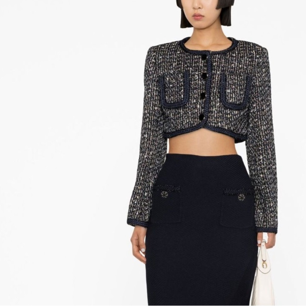 NWOT Self Portrait crop tweed jacket navy